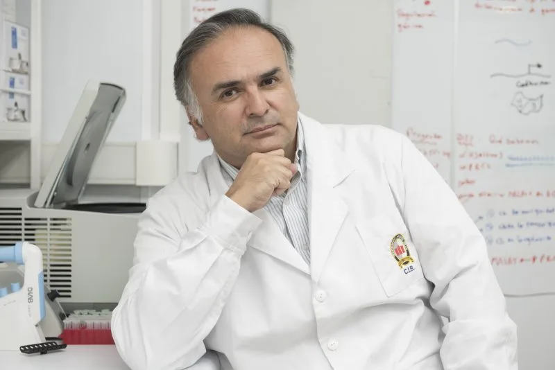 A male scientist in a white lab coat sits at a lab bench, resting his chin on his hand with a thoughtful expression.