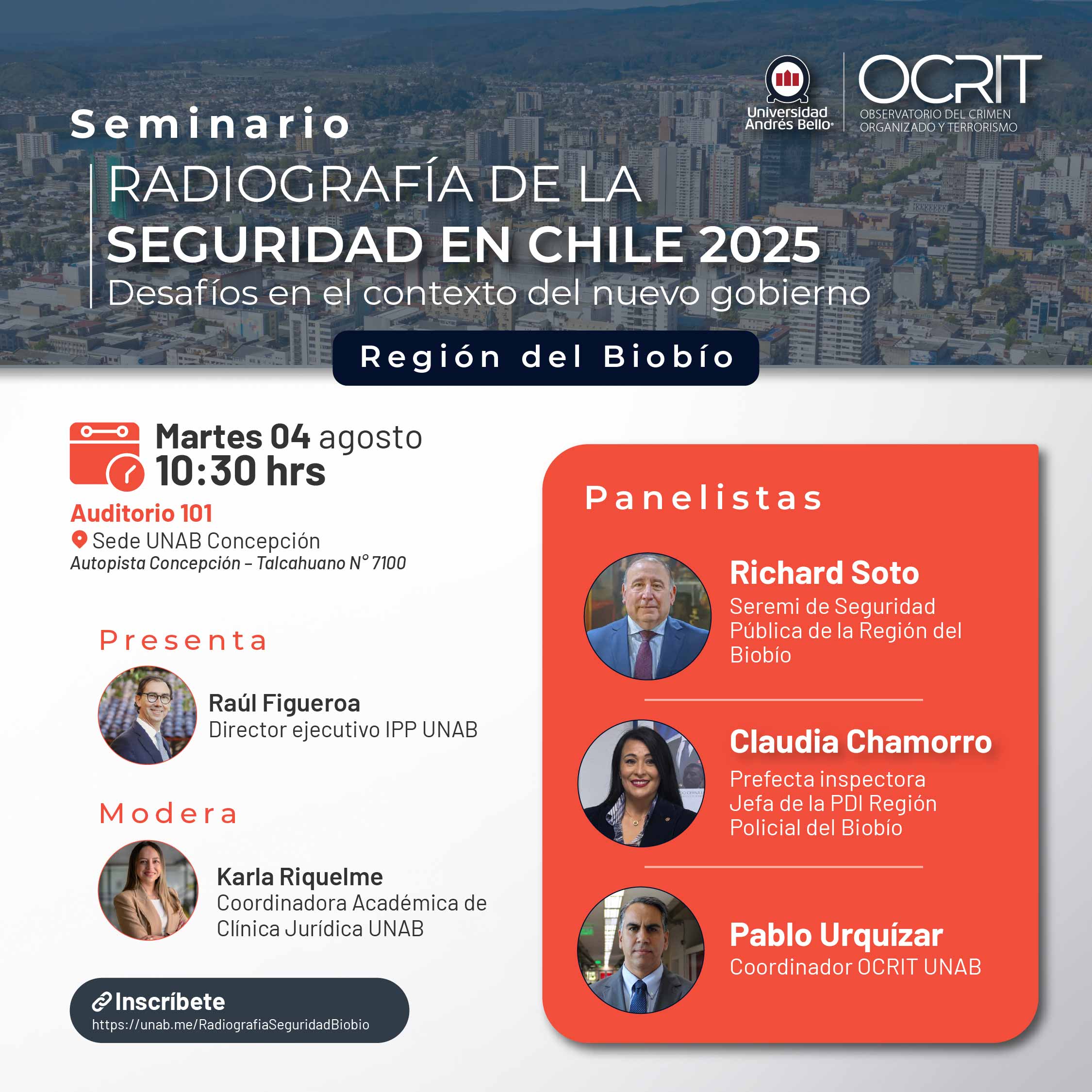 Banner del seminario 'Radiografía de la Seguridad en Chile 2025' con logos de la Universidad Andres Bello y OCRIT, Región del Biobío