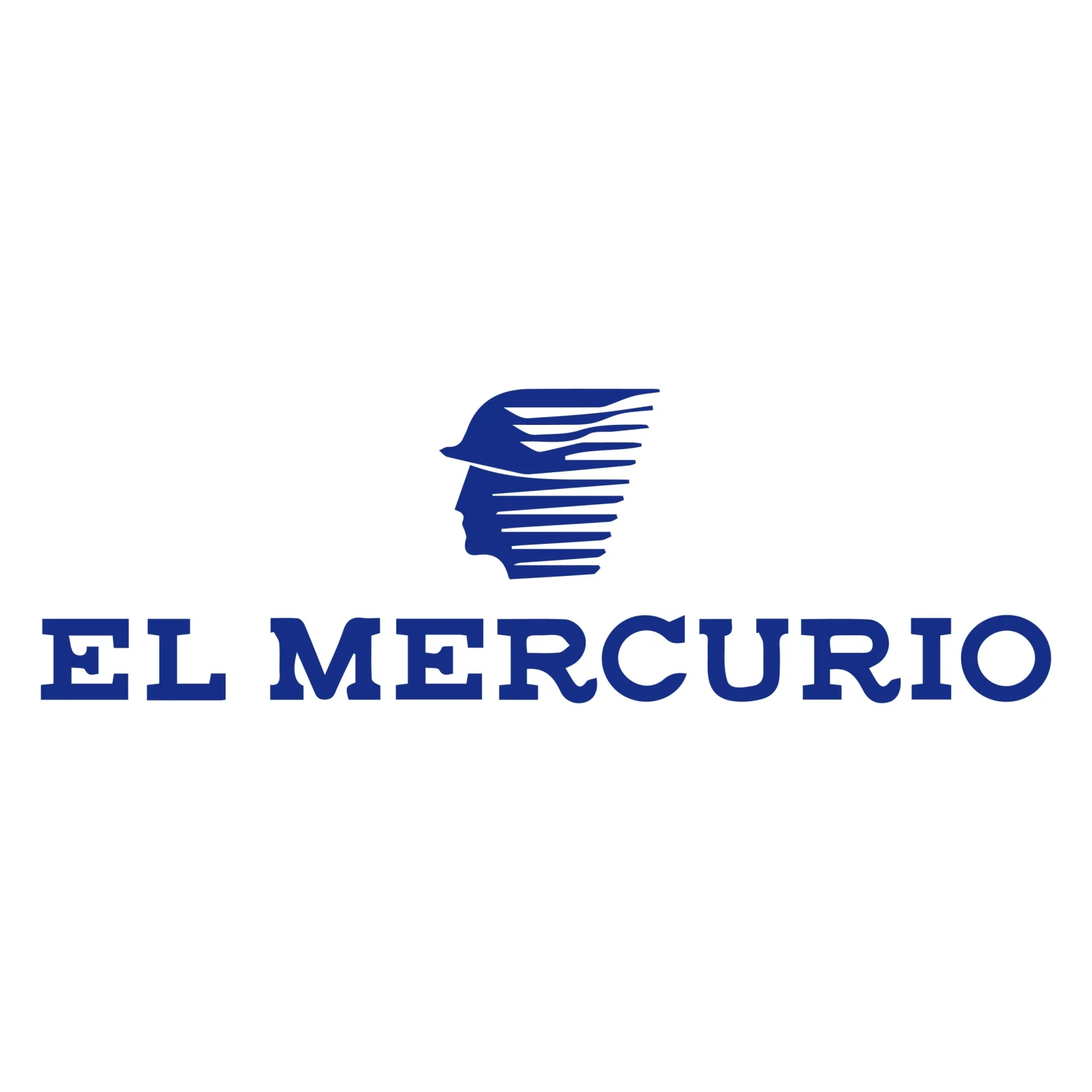 Logo for El Mercurio featuring a blue stylized profile with horizontal stripes and the blue text EL MERCURIO beneath it