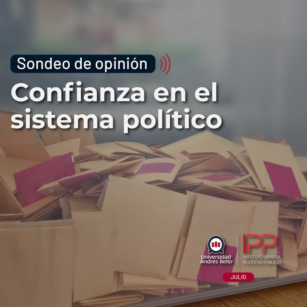 Poster-style image showing the headline 'Sondeo de opinión' in white text on a dark rounded banner with red sound-wave icon, over a pile of papers and visible logos for Universidad Andrés Bello and Instituto de Políticas Públicas at the bottom-right.