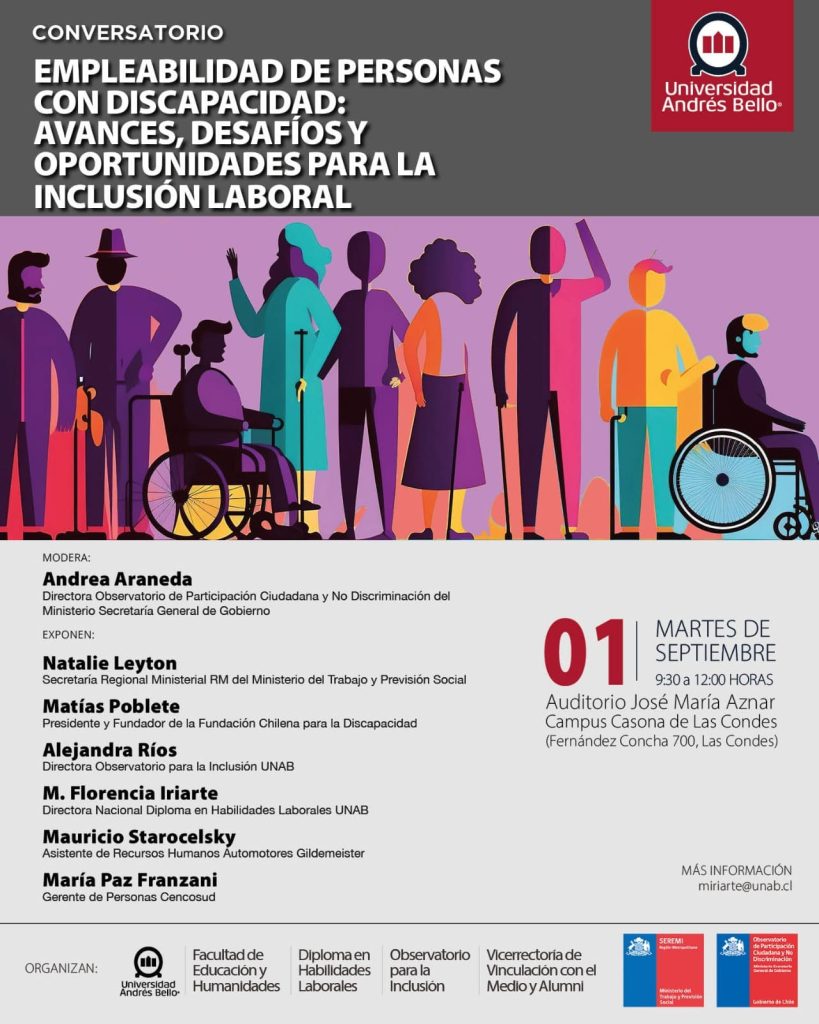 Poster for a talk on employability of people with disabilities, listing speakers and date (Sept 1) at Universidad Andrés Bello, with colorful illustration of diverse people and accessibility icons.
