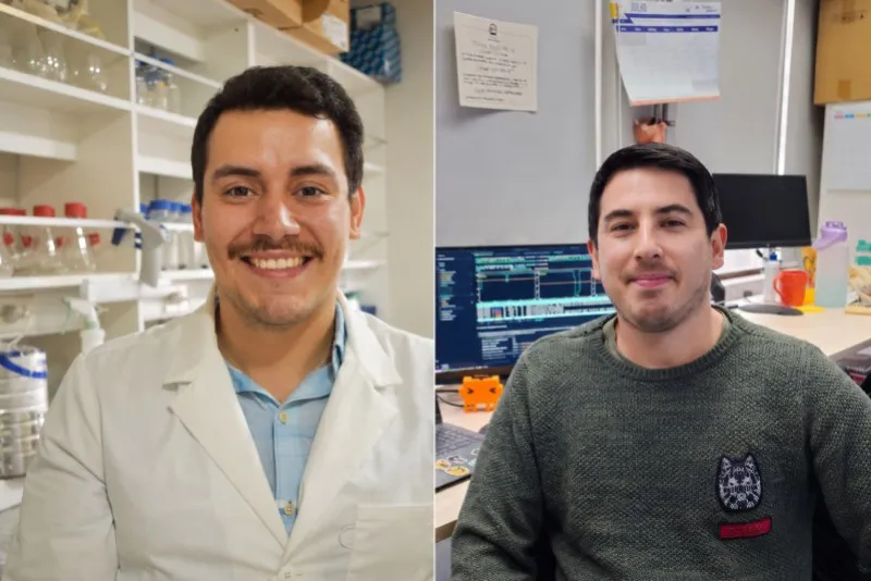 Two men posing: left a lab scientist in a white coat amid glassware, right a man in a green sweater at a desk with monitors.