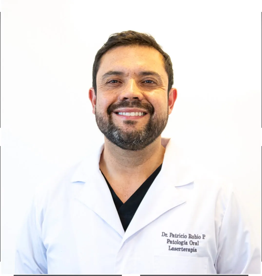 Portrait of Dr. Patricio Rubio P, an oral pathologist and laser therapy specialist, smiling in a white coat against a light background