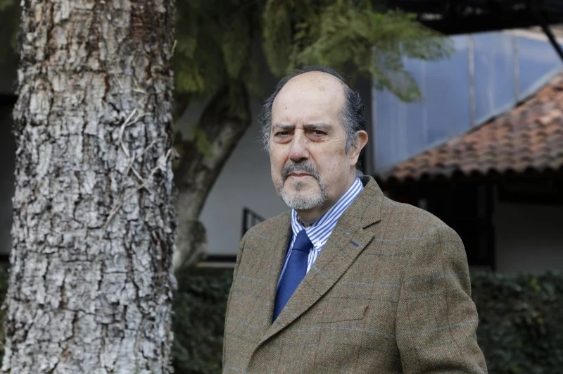 Older man with a gray beard wearing a brown plaid blazer and blue tie, standing outdoors near a tree.
