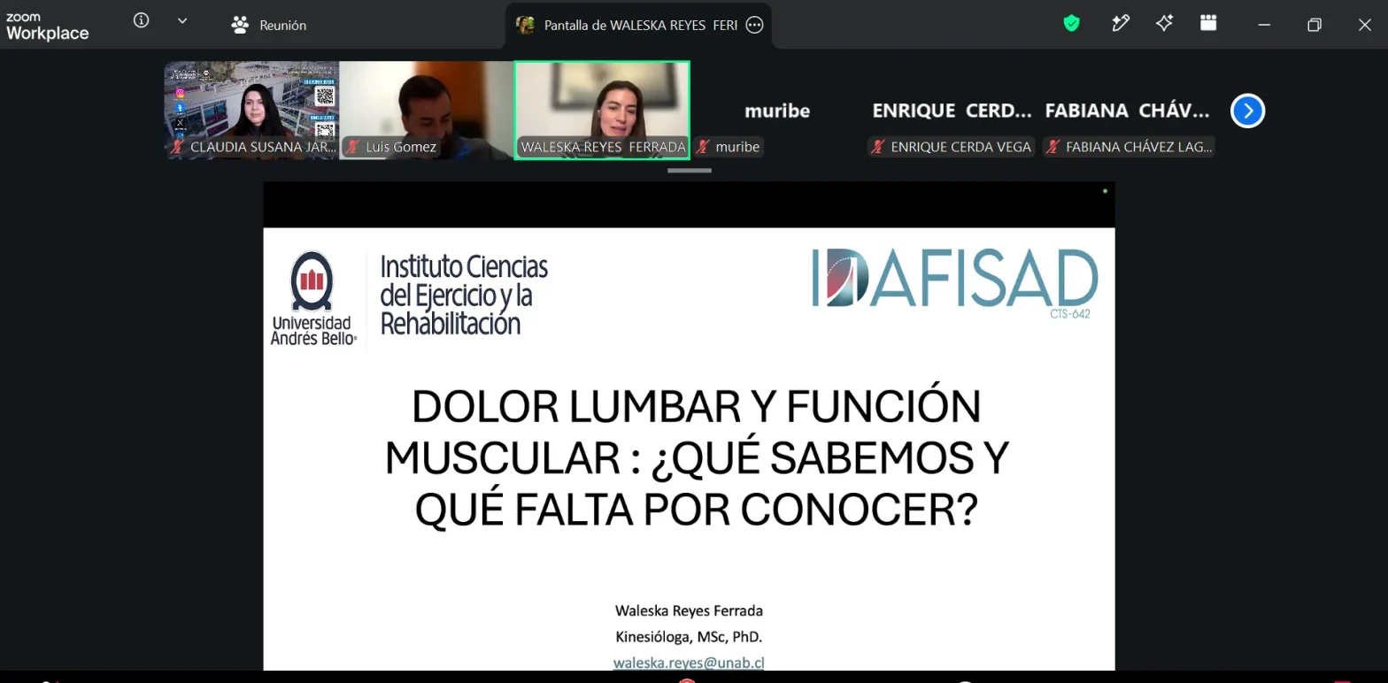Zoom meeting showing a presentation slide titled 'Dolor lumbar y función muscular: ¿Qué sabemos y qué falta por conocer?' with university and institute logos (Universidad Andrés Bello, DIFISAD).