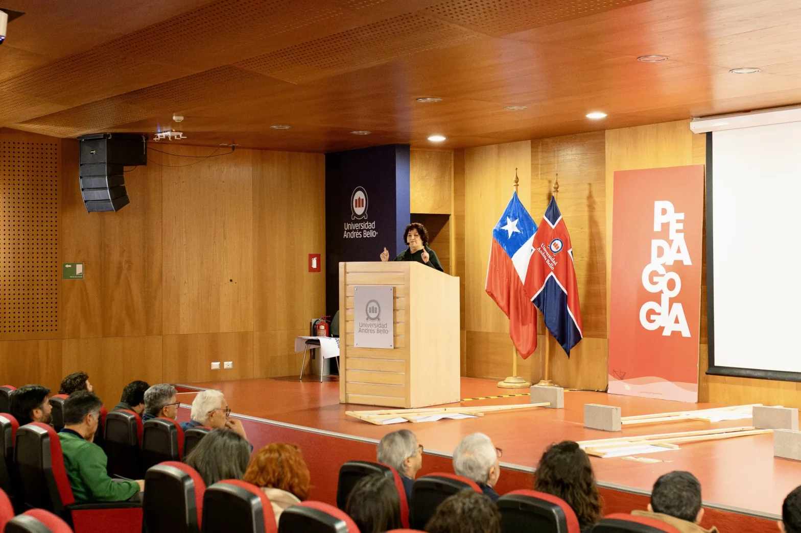 Speaker at a wooden podium giving a presentation in an auditorium, with Chilean flag and university banners on display, while an audience watches.
