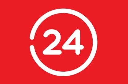 Round white badge showing the number 24 on a red background, suggesting 24/7 availability or service