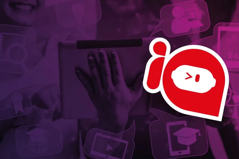 io branding: a red rounded logo with a white speech-bubble icon on a purple tech background, suggesting messaging or collaboration