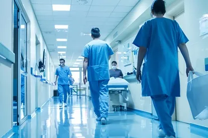 Three healthcare workers in blue scrubs walk down a bright hospital hallway; a patient on a gurney is being wheeled in the background.