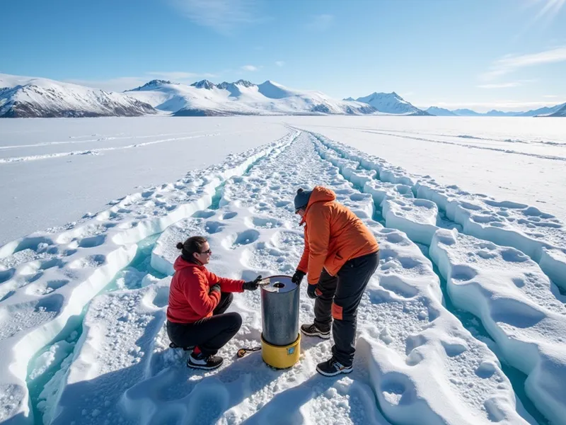 Two scientists in orange jackets collect an ice core on a snow-covered glacier with a distant mountain range under a clear blue sky.