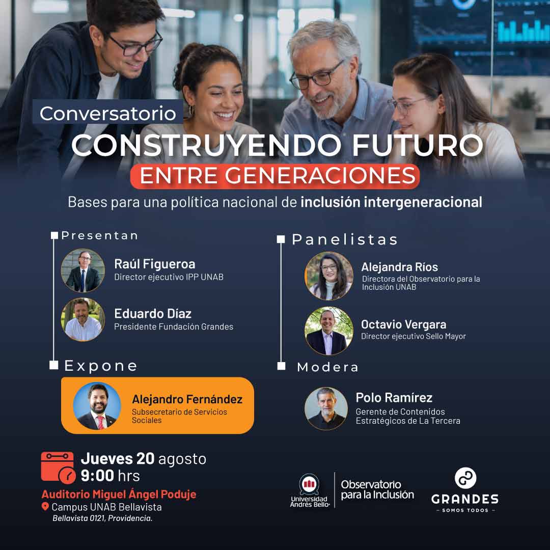 Poster for 'Conversatorio: Construyendo Futuro entre Generaciones' with four professionals smiling and discussing, introducing speakers and panelists, event details at bottom (date, time, venue)