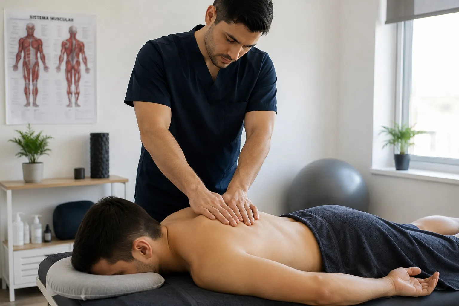 Male massage therapist kneading a client's back during a massage in a treatment room.